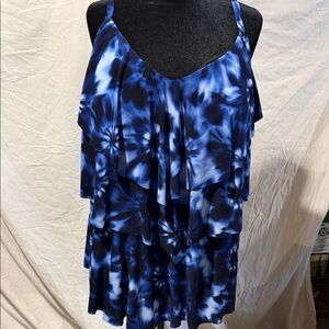 Blue Tie-Dye Ruffled Spaghetti Strap Women's Tankini  Top